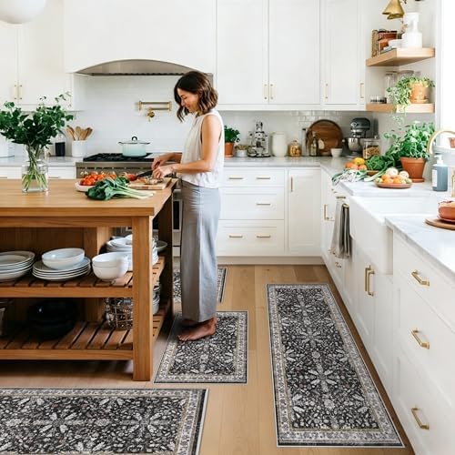 Kitchen Rug Sets 4-Piece with Runner – Washable Non-Slip Floor Mats for Sink, Entryway, Hallway, Bathroom – Soft Low-Pile Thin Boho Floral Rugs, New Home Decor (Black, 2x3+2x4+2x5+2x6) by BYYVOORugsforYourHome