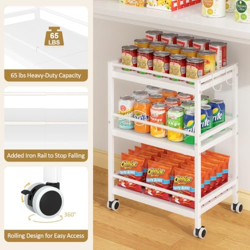 3-Tier Expandable Rolling Pantry Organizers and Storage Cart with Wheels, Adjustable Pantry Floor Organizer, Snack Cart for Pantry, Kitchen Storage Cart with 4 Hooks for Snack, Food, Vegetables, White - Image 4