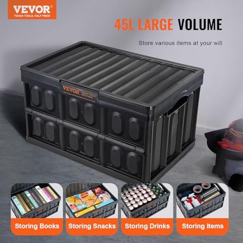 VEVOR 45L Collapsible Storage Bins with Lids 3 Packs, Stackable Utility Crates with Handles, Large Folding Containers for Organizing Tools, Snacks, Books, Food, Drinks, Camping & Transport - Image 2