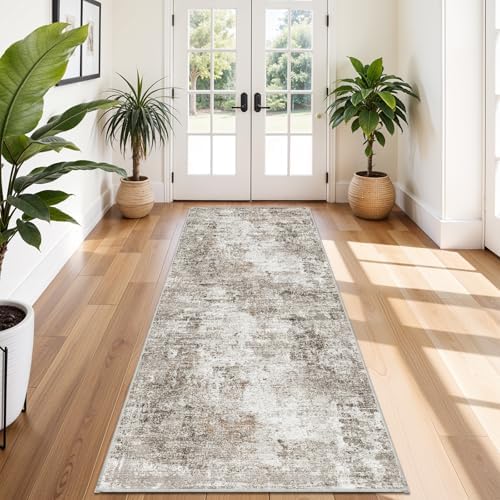 4x10 ft Extra Wide Hallway Rug – Non-Slip Washable Rubber-Backed Large Carpet Runner for Kitchen, Entryway | Modern Abstract, Low-Pile Thin Floor Mat for Bedroom Living Room Dining Room (Beige,Grey) by ZHXXUJ