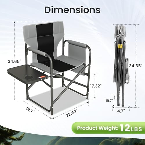 2 Pack Directors Chair 17.5" Seat Height, Bar Height Folding Chair with Side Table, Foldable Camping Chair with Side Pocket for Makeup Artist, Sports Event, Supports 400LBS - Black - Image 3