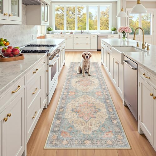 RELEANY Washable Area Rug, Runner 2'6"x8', Blue/Orange/Red by RELEANY