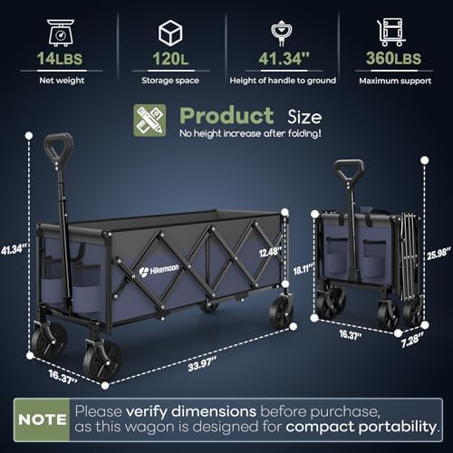 HIKEMOON 34'' Extra Long Folding Portable Wagon, 120L 360LBS Purple - Image 2