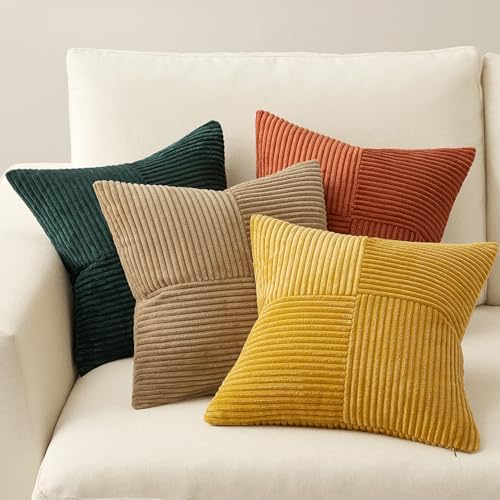 MIULEE Fall Green Rust Throw Pillow Covers 20x20 Inch Set of 4 Boho Farmhouse Soft Corduroy Striped Cushion Cases Decorative Color-Clash Home Decor for Couch Sofa Living Room Bed - Image 4