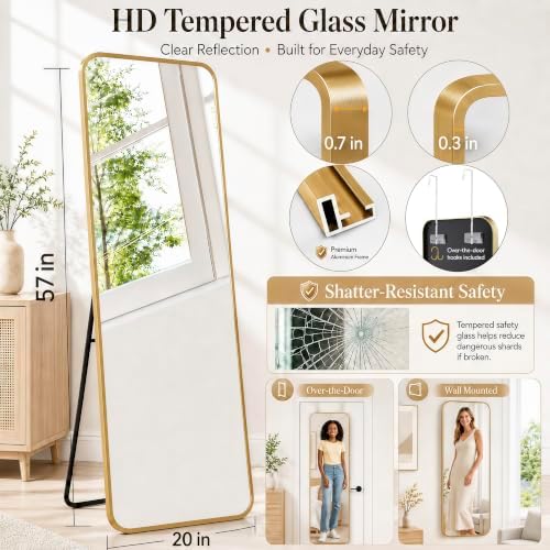 57x20" Full Length Mirror Floor Stand,Over the Door,Wall Mounted Gold - Image 2