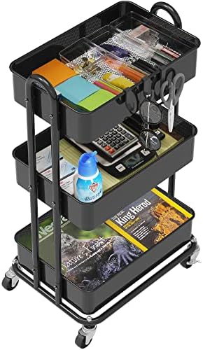 Simple Houseware 3-Tier Heavy Duty Metal Utility Rolling Cart, Black - Image 3