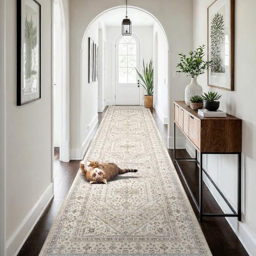 4x12 Washable Hallway Runner Rug - Non-Slip Vintage Kitchen Rugs Beige Gray by Puino