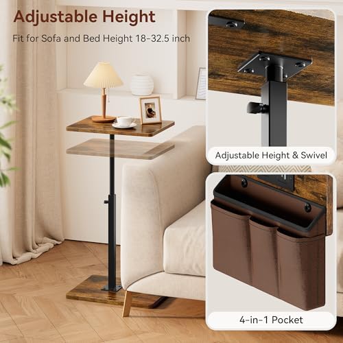 Vagusicc Sofa Armrest Tray Table for Couch - 360° Swivel Height Adjustable Side Table for Small Spaces, Snack Side Table for Bed or Chair, C Shaped End Table Snack Table for Eating Dinner Laptop - Image 5