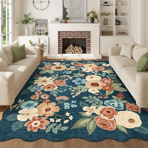 DUKINO 5x7 Area Rugs for Bedroom Floral Washable Rug Non Slip Prussian Blue by DUKINO
