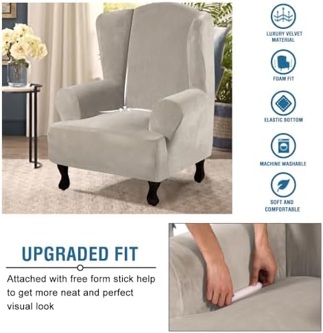 H.VERSAILTEX Wingback Chair Covers Velvet Plush Wing Chair Slipcover 1 Piece High Stretch Wing Back Chair Slipcovers Sofa Cover Furniture Cover with Elastic Bottom, French Oak - Image 4