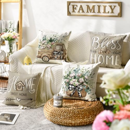 AVOIN colorlife Bless Our Home Sweet Home Farmhouse Eucalyptus Leaves Throw Pillow Covers, 20 x 20 Inch Truck Cushion Case Decorations Set of 4 - Image 2