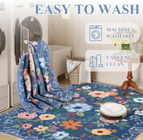 DUKINO 2x3 Entryway Rug, Floral Door Mat Soft Washable Rug Non Slip, Blue - Image 6