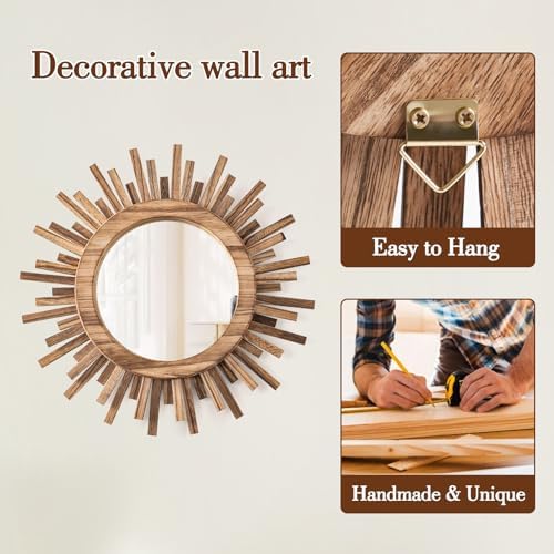 12 Inch Boho Sunburst Mirror, Round Wooden Wall Decor Starburst Sun Mirror for Bedroom, Living Room, Bathroom, Hallway, Balcony, Farmhouse Entryway, Housewarming Gift（Rustic Brown - Image 4
