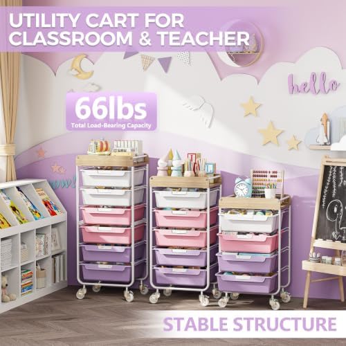 SYKIARIOL Utility Cart with 5 Labeling Drawers and Wooden Tabletop,Purple - Image 6