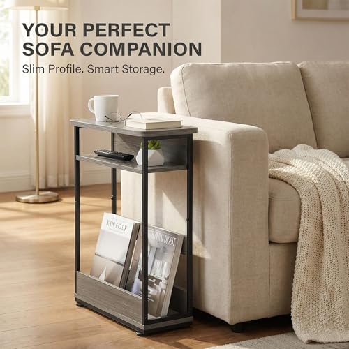 Narrow Side Table,3-Tier Slim End Table with Storage Shelf,Modern Sofa Table Thin Side Table for Narrow and Small Spaces, Skinny Bedside Table Small Nightstand with Magazine Rack Space Saving/Grey - Image 4