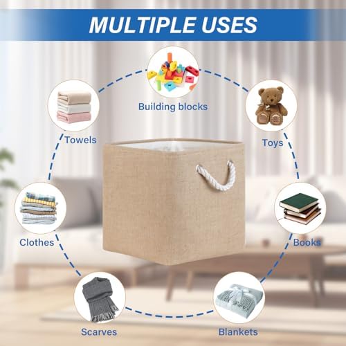 Temary Fabric Baskets 12 Inch Storage Cubes Basket, Clothes Baskets for Shelf, 4 Pack Large Storage Basket with Handles for Organizing Books, Blankets (Linen Yellow) - Image 5