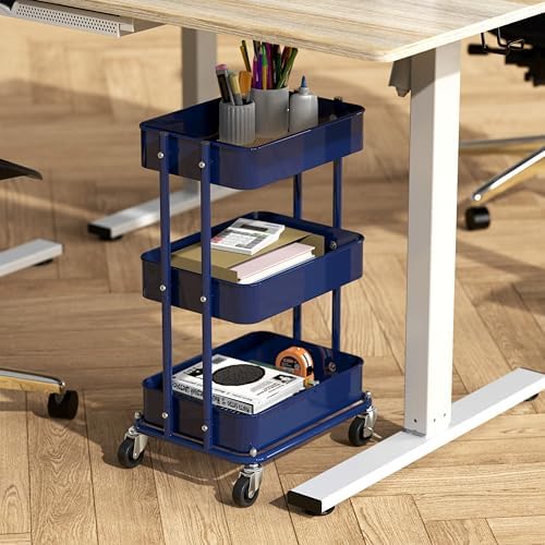 Simple Houseware 3-Tier Utility Cart, Low 24" Height Fits Under Desk, Navy - Image 2
