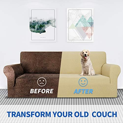MAXIJIN Super Stretch Couch Cover for 3 Cushion Couch, 1-Piece Universal Sofa Covers Living Room Jacquard Spandex Furniture Protector Dogs Pet Friendly Fitted (Extra Large, Beige) - Image 4