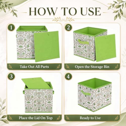 Bokon 6 Pcs 11'' Green Block Print Storage Bins Cube Floral Storage Basket - Image 3
