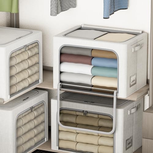 4 Pack Clothes Storage Bins with Metal Frame - 22L Stackable Storage Box with Lid，Foldable Storage Container Organizer for Clothes，Linen Fabric Storage Box with Clear Window＆Zippers＆Handles - Image 6