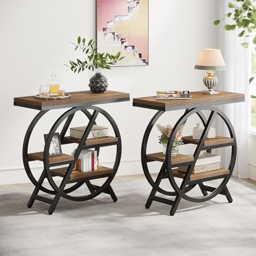 Tribesigns End Table Set of 2, 3-Tier Narrow Sofa Side Table with Storage for Living Room, Wood End Table with Geometric Metal Frame, Industrial Nightstand and Bedside Table for Bedroom, Light Brown by Unknown