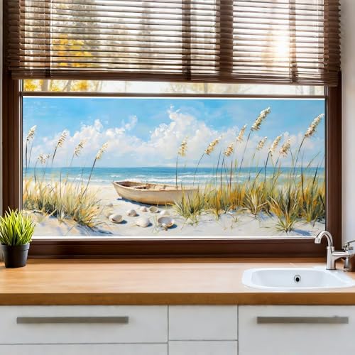 Window Privacy Film 39.37 x 17.3 in Coastal Rowboat Beach Static Cling by yuenengmaoyi