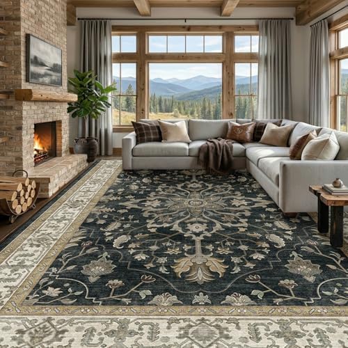 RELEANY Washable Area Rug, Large 10'x14', Black/Vintage/Beige by RELEANY