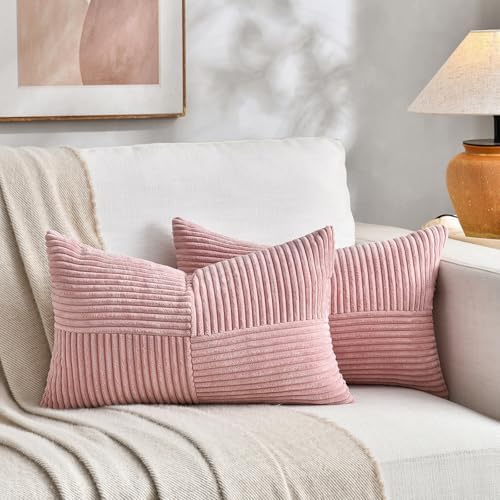 Fancy Homi 2 Packs Blush Pink Lumbar Decorative Throw Pillow Covers 16x32 Inch for Living Room Couch Bed, Rustic Farmhouse Boho Home Decor, Soft Striped Corduroy Rectangle Accent Cushion Case 40x80 cm by Fancy+Homi