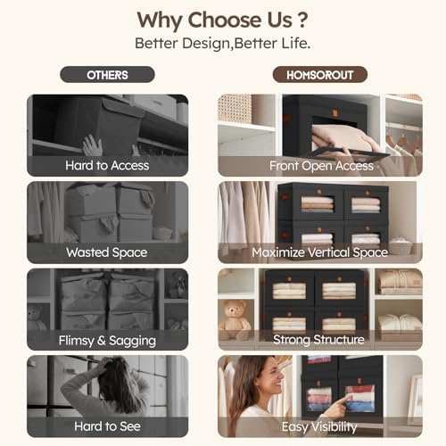 Homsorout Storage Bins with Lids - Front Opening Storage Box with Clear Window & Handles, Stackable Foldable Fabric Bins for Closet Organization, Clothes, Sweaters, Towels, Blankets, 3 Pack, Black - Image 7