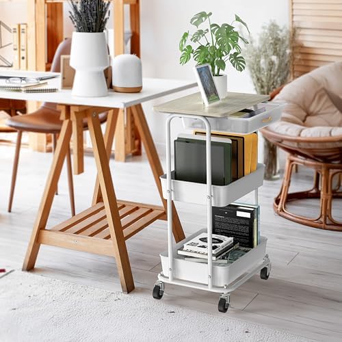Simple Houseware 3-Tier Rolling Utility Cart with Drawer & Wood Top, Maple - Image 2