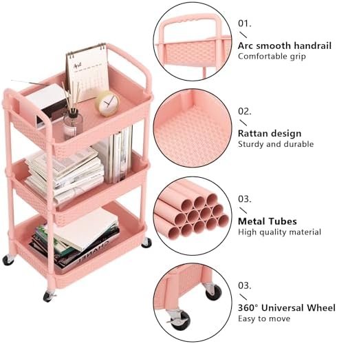 MOYIPIN 3-Tier Plastic Rolling Utility Cart with Handle,Utility,Pink - Image 5