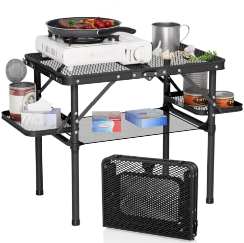 Titanker Folding Grill Table Small 2ft with Iron Mesh Top Heatproof, Small Camping Table Portable with Side Racks & Net, Folding Picnic Table, Beach Table, Car Camping Essentials, Light Aluminum by Titanker