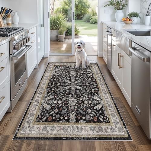4x5 Kitchen Rug Washable Non-Slip – Soft Low Pile Indoor Carpet for Entryway Bathroom Living Room Bedroom – Boho Floral Small Throw Area Rug (Black,4x5) by BYYVOORugsforYourHome
