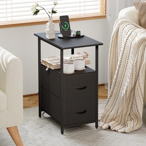 Somdot Narrow End Table with Charging Station, 2 Drawers, Slim Side Table - Image 6
