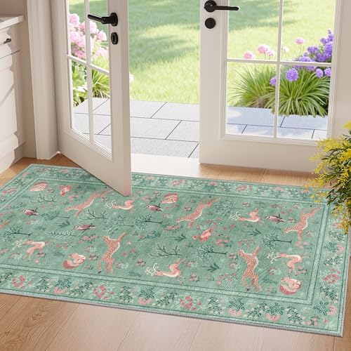 DUKINO 2x4 Rug for Entryway, Animal Washable Runner Rug for Kitchen, Teal by DUKINO