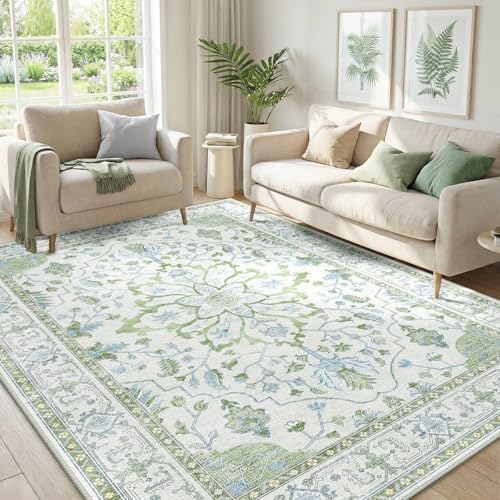 RELEANY Washable Area Rug, 5'x7', Green/White/Blue by RELEANY