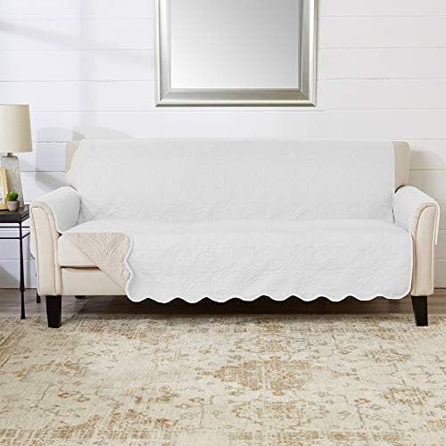 Great Bay Home Reversible Sofa Cover - Washable Slipcover Furniture Protector with Elastic Straps - Perfect for Kids & Pets - Quilted & Stitched Detail (White/Sand) by GreatBayHome
