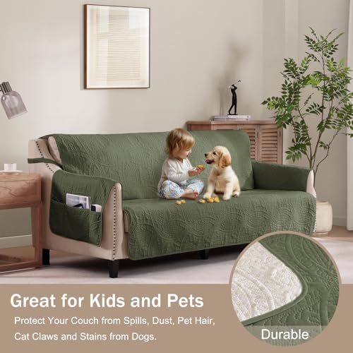 Olive Green Loveseat Covers for 2 Cushion Couch, Water-Repellent Slip Covers for Sofa, Washable Love Seat Quilted Couch Cover, Pet Friendly Loveseat Slipcovers (Loveseat 48", Olive Green) - Image 2