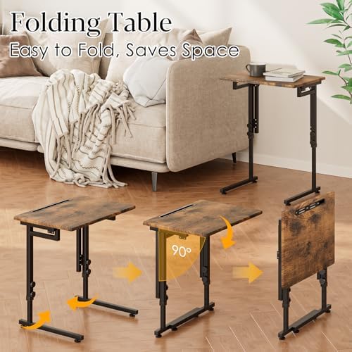 Adjustable Folding TV Tray Table,TV Dinner Small Foldable C-Shaped End Table for Eating,6 Height Adjustable Slide Under Couch Side with Sturdy MDF Top,No Assembly(Brown,2Pcs) - Image 4