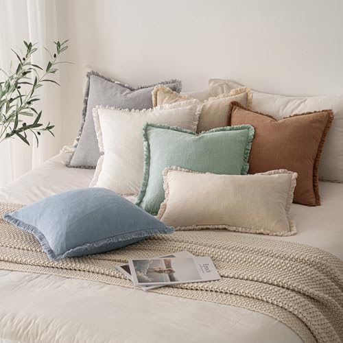 MIULEE Boho Linen Fringe Decorative Throw Pillow Covers Aqua Green 18x18 - Image 6