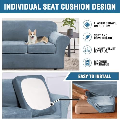 H.VERSAILTEX High Stretch Sofa Slipcover 4 Piece Cover Velvet Furniture Protector Form Fit Thick Velvet Extra Large Sofa Cover for 3 Cushion Couch Width Up to 97 Inch (Large Sofa, Stone Blue) - Image 6