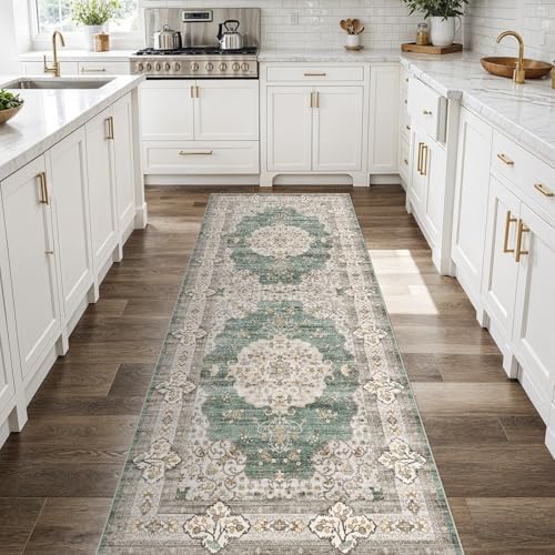 Ksrau 3x8 Runner Rug Washable Vintage: Non Slip Kitchen Runners Green/Beige by Ksrau