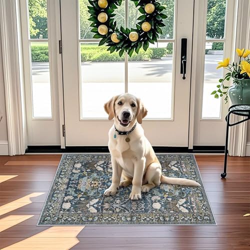 Washable 2x3 Runner Rug for Entryway: Easy-Clean Carpet with Non-Slip Backing for Bedroom Kitchen Stain-Resistant Shedding-Free Floor Mat – Perfect for High-Traffic Areas with Pets (2x3,Floral/Blue) - Image 2