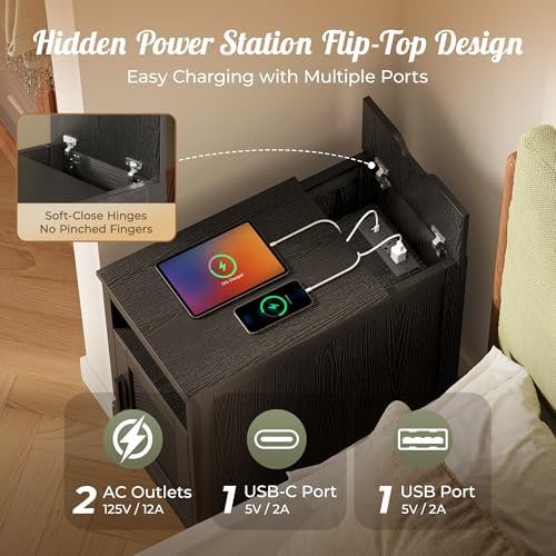 Huuger Narrow Night Stand, End Table with Charging Station, USB-C Port - Image 4
