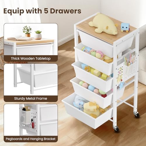 Rolling Cart with 5 Drawers, Plastic Drawer Storage Carts with Wheels & Wooden Tabletop, Metal Utility Cart with Pegboards, Office Living Room Classroom Craft Organization and Storage, Bright White - Image 5