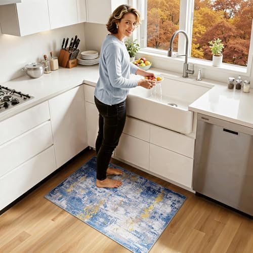 RELEANY Washable 2'x3' Abstract Area Rug for Living Room Blue Gold - Image 2
