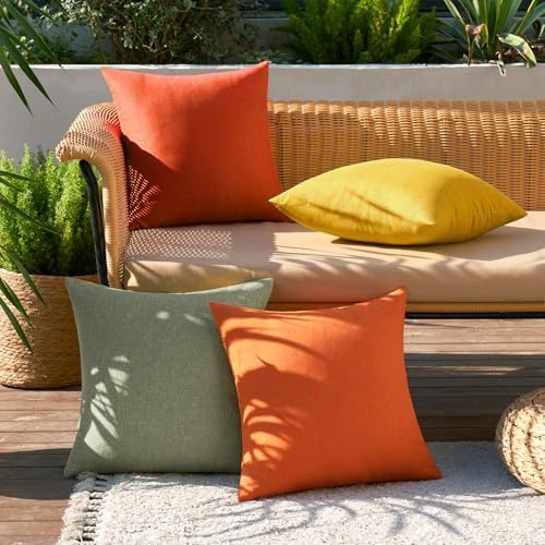 MIULEE Pack of 4 Decorative Outdoor Throw Pillow Covers Linen Waterproof Pillow Covers Summer Farmhouse Cushion Cases for Patio Garden Tent Balcony Couch Sofa 18x18 Inch Rust Green - Image 3