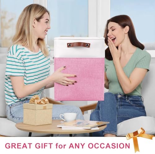 Bagnizer Large Fabric Storage Baskets | 50L Storage Bins, Decorative Linen Closet Baskets with Handles for Organizing, Shelf, Toys, Clothes, Home, Office, Nursery, 17x12x15Inches (Pink&White) - Image 7