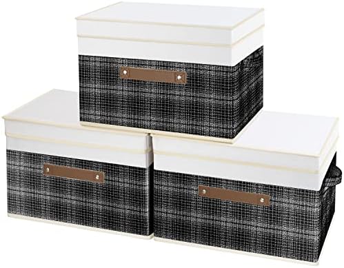 TYEERS Collapsible Storage Bins with Lids, Patchwork Design, Washable, Fabric Storage Boxes, 14.9x9.8x9.8 inches, 3 Pack, Black by StorageOrganization