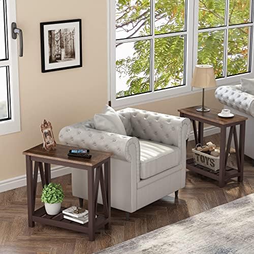 ChooChoo Farmhouse End Table, Rustic Vintage Narrow End Side Table with Storage Shelf for Small Spaces, Nightstand Sofa Table for Living Room, Bedroom Espresso 2 Pack - Image 2
